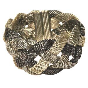 Vintage Bracelet Braided Two-Tone Black Silver Mesh With Magnetic Clasp